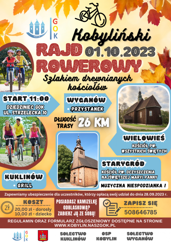Plakat z informacją dotyczącą nadchodzącego wydarzenia jakim jest kobyliński rajd rowerowy