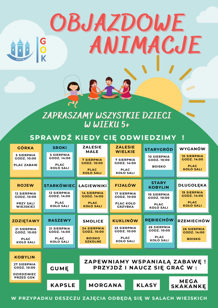 Plakat informuje o terminach i miejscach Objazdowych Animacji organizowanych i prowadzonych przez pracowników Gminnego Ośrodka Kultury w Kobylinie